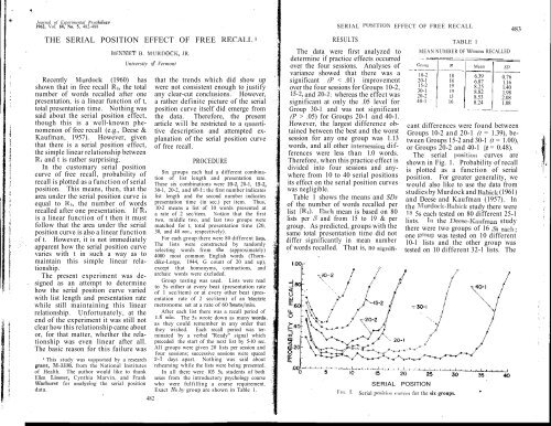 THE SERIAL POSITION EFFECT OF FREE RECALL1