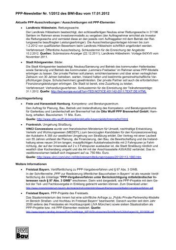 PPP-Newsletter Nr. 1/2012 des BWI-Bau vom 17.01.2012