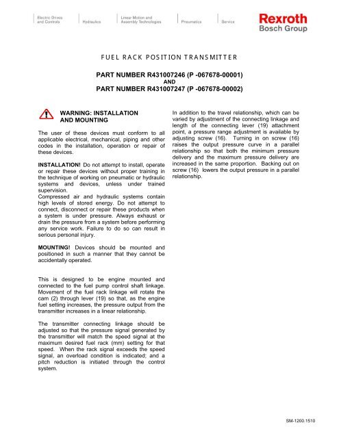 Fuel Rack Position Transmitter Part Bosch Rexroth