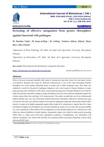 Screening of effective antagonists from potato rhizosphere against bacterial wilt pathogen