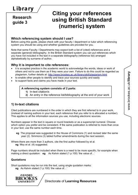 Library Citing your references using British Standard (numeric) system