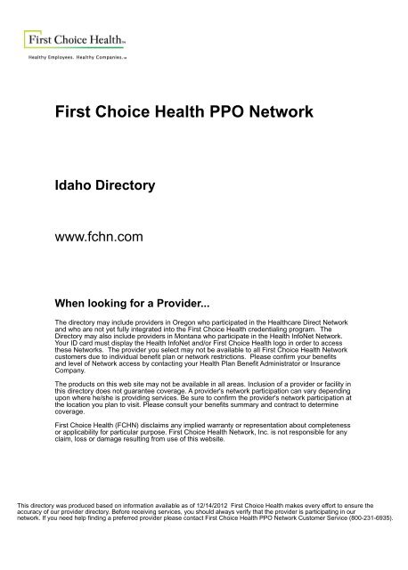 First Choice Health PPO Network Idaho Directory