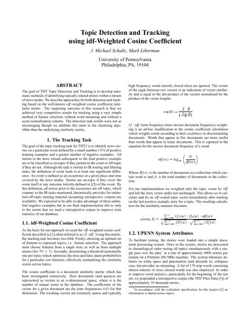 Topic Detection and Tracking using idf-Weighted Cosine Coefficient