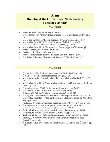 Ainm Bulletin of the Ulster Place Name Society Table of Contents