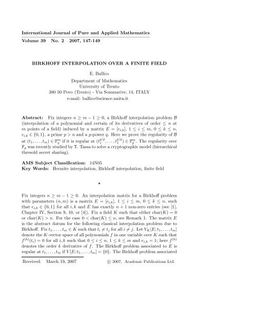 BIRKHOFF INTERPOLATION OVER A FINITE FIELD