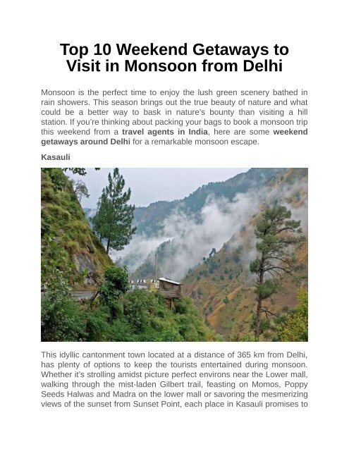 Top 10 Weekend Getaways to Visit in Monsoon from Delhi