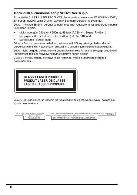 Sony VPCB11X9E - VPCB11X9E Documents de garantie Turc