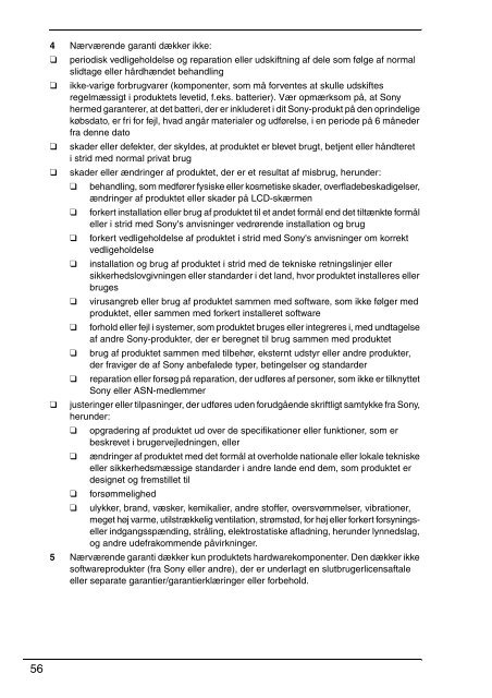 Sony VPCB11X9E - VPCB11X9E Documents de garantie Danois