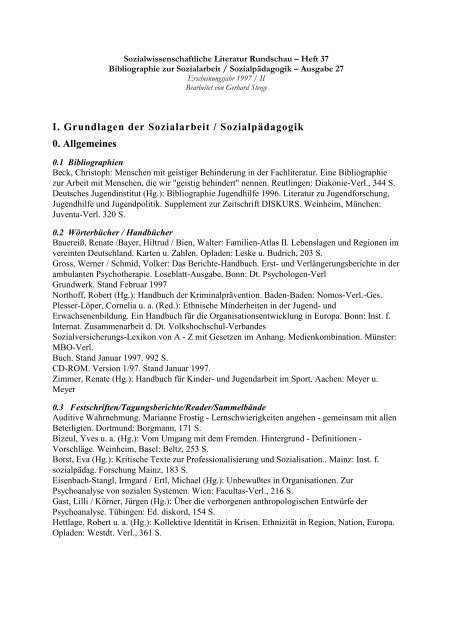 I Grundlagen Der Sozialarbeit Sozialpadagogik 0 Allgemeines