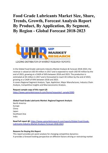 Food Grade Lubricants Market Size, Share, Trends, Growth, Forecast Analysis Report By Product, By Application, By Segment, By Region - Global Forecast 2018-2023 