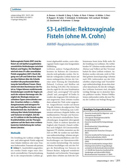 S3-Leitlinie: Rektovaginale Fisteln (ohne M. Crohn) - AWMF