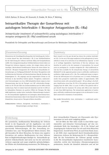 Intraartikuläre Therapie der Gonarthrose mit autologem Interleukin-1 ...