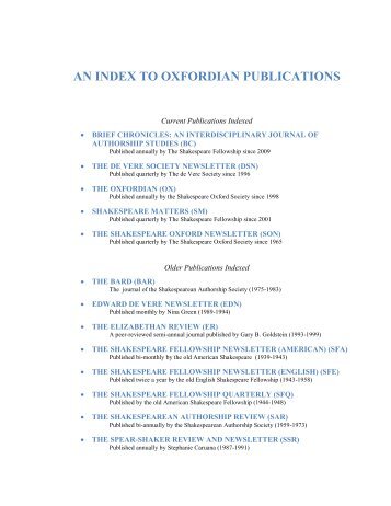 an index to oxfordian publications - The Elizabethan Review