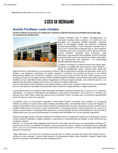 Acerbis Pre-Beton vuole chiudere - Comune di Albano Sant ...