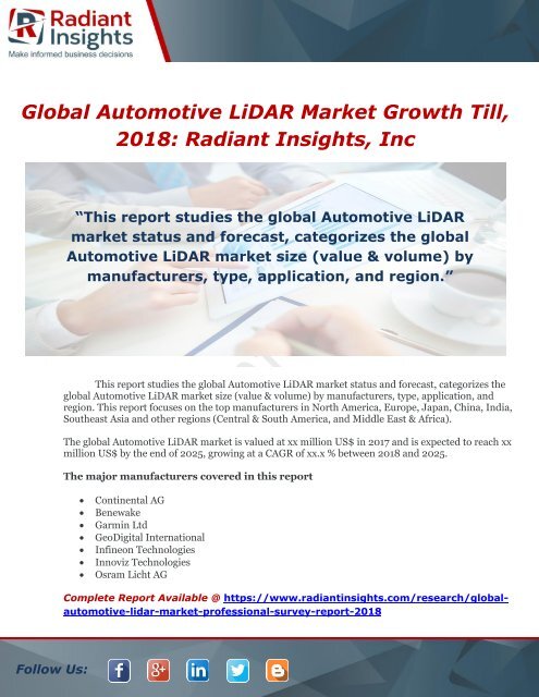 Global Automotive LiDAR Market Growth Till, 2018 Radiant Insights, Inc