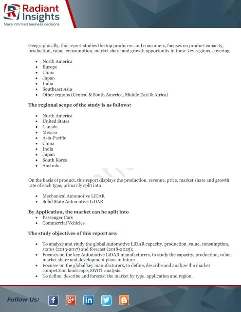 Global Automotive LiDAR Market Growth Till, 2018 Radiant Insights, Inc