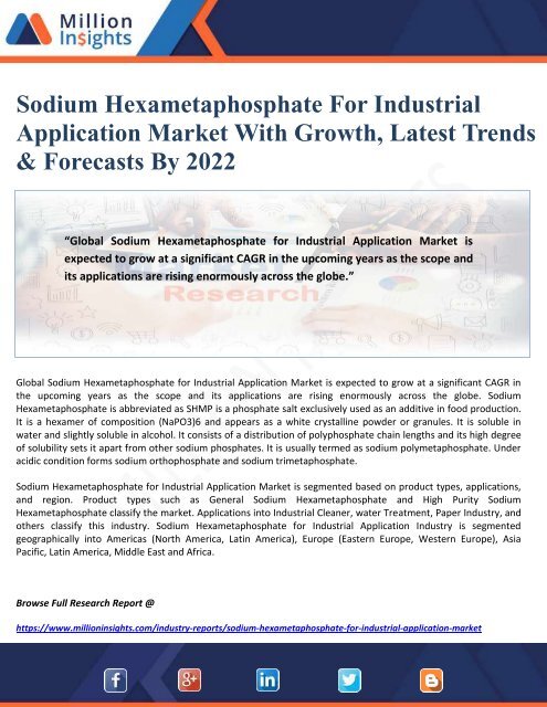 Sodium Hexametaphosphate For Industrial Application Market With Growth, Latest Trends &amp; Forecasts By 2022