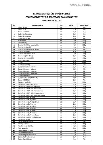 Lista i cennik produktów dostępnych w punkcie sprzedaży