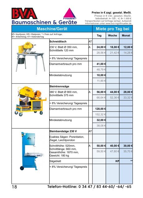 BVA Baumaschinen GmbH Mietpreisliste 2018-