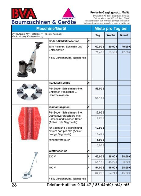 BVA Baumaschinen GmbH Mietpreisliste 2018-