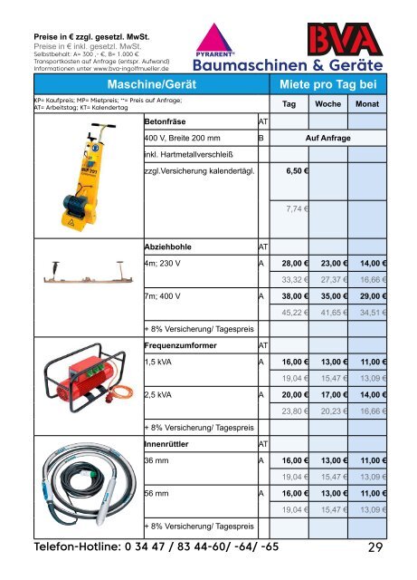 BVA Baumaschinen GmbH Mietpreisliste 2018-