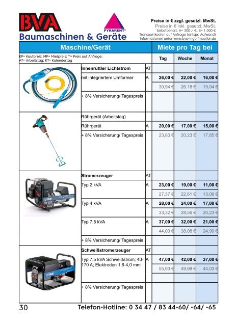 BVA Baumaschinen GmbH Mietpreisliste 2018-