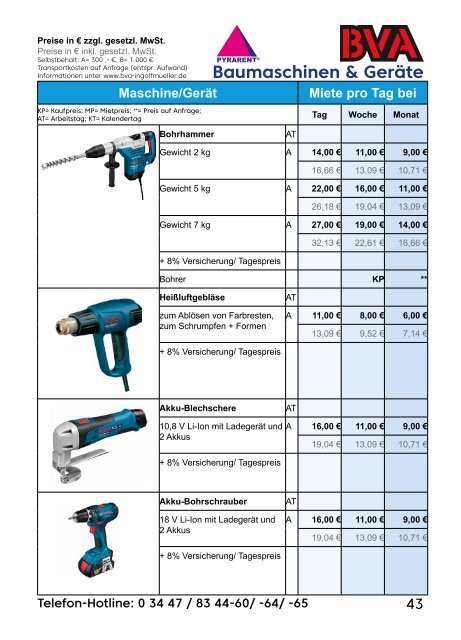 BVA Baumaschinen GmbH Mietpreisliste 2018-