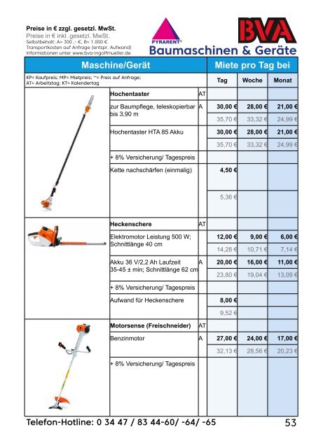 BVA Baumaschinen GmbH Mietpreisliste 2018-