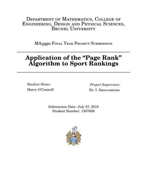 Application of the Page Rank Algorithm to Sports Rankings