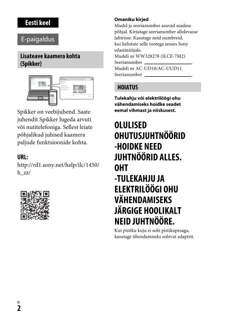 Sony ILCE-7M2K - ILCE-7M2K Mode d'emploi Estonien