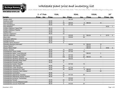 Wholesale plant price and inventory list - Buckeye Nursery