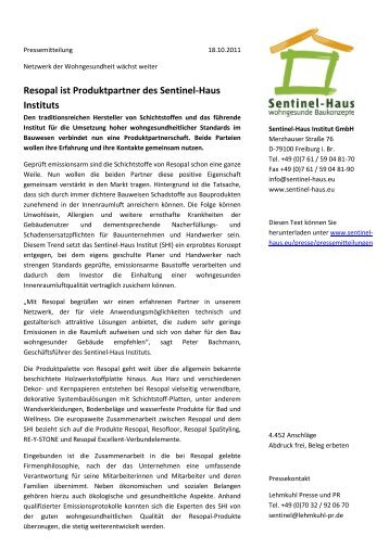 Resopal ist Produktpartner des Sentinel-Haus Instituts