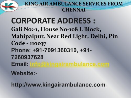 Hi-Tech Equipment King Air Ambulance Services in Chennai