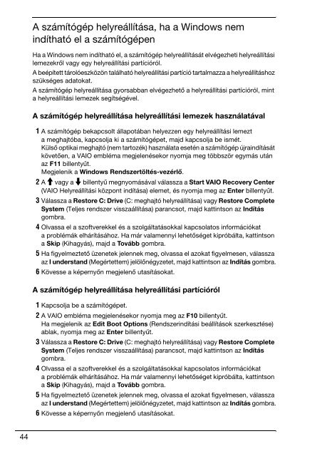 Sony VGN-NW2MTF - VGN-NW2MTF Guide de d&eacute;pannage Hongrois