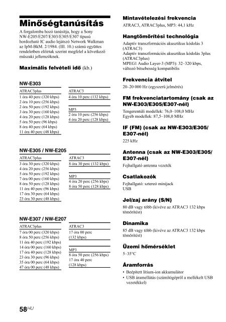 Sony NW-E305 - NW-E305 Istruzioni per l'uso Ungherese