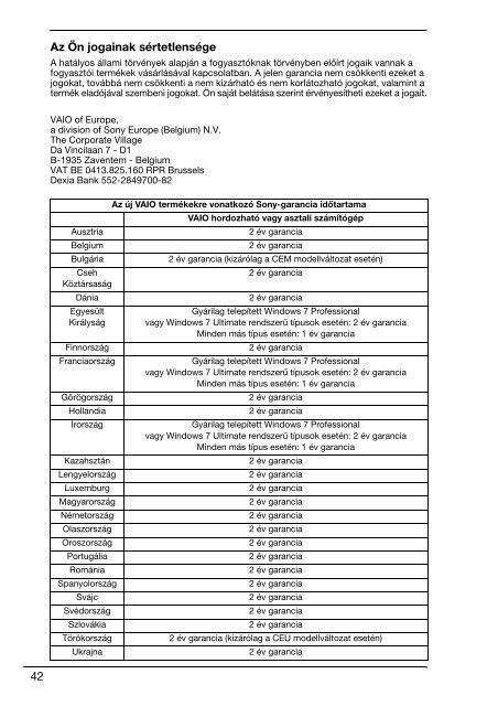 Sony VGN-NW2MTF - VGN-NW2MTF Documents de garantie Bulgare