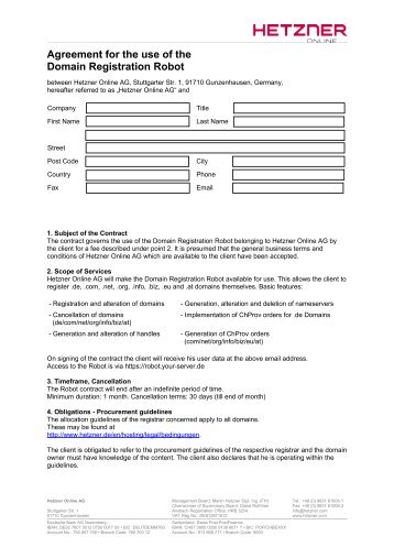 Agreement for the use of the Domain Registration Robot