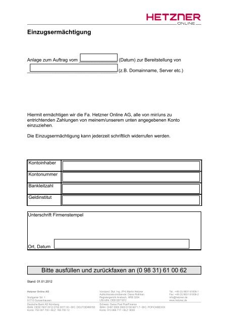 Einzugsermächtigung - Hetzner Online AG