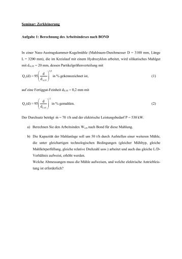 Seminar: Zerkleinerung Aufgabe 1: Berechnung des Arbeitsindexes ...
