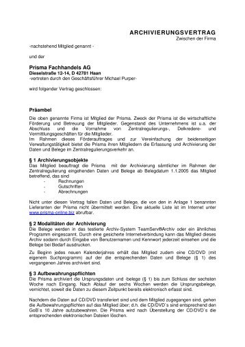 ARCHIVIERUNGSVERTRAG - Prisma Fachhandels AG