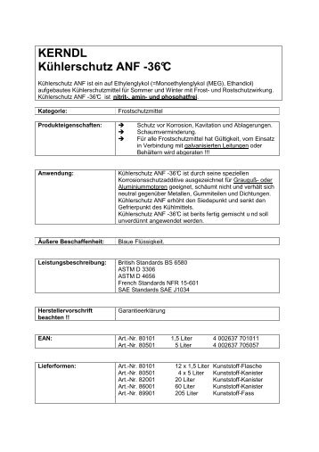 Datenblatt Kühlerschutz ANF-36°C - H.Kerndl GmbH