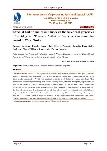 Effect of boiling and baking times on the functional properties of aerial yam (Dioscorea bulbifera) flours cv Dugu-won har vested in Côte d’Ivoire