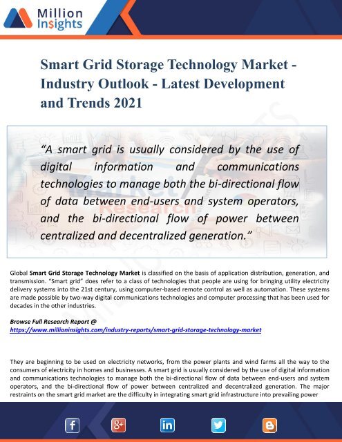 Smart Grid Storage Technology Market Outlook 2021: Global Analysis of Huge Profit with Marginal Revenue Forecast