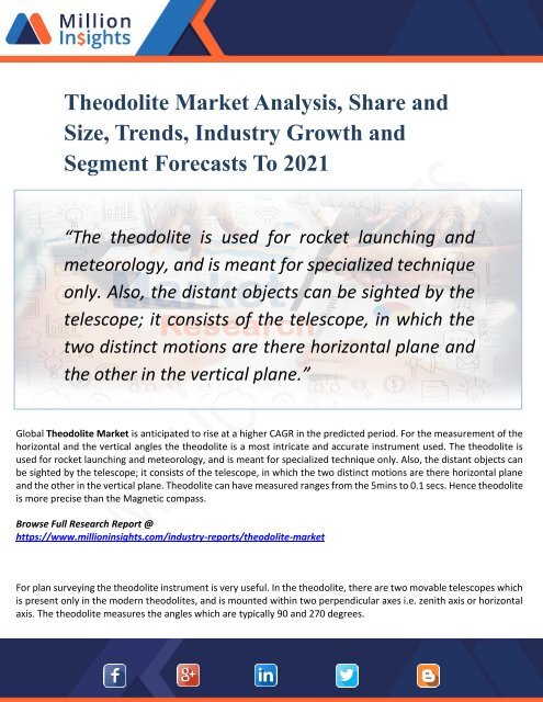 Theodolite Market Segmented by Material, Type, Application, and Geography - Growth, Trends and Forecast 2021