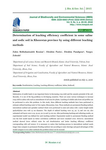 Determination of leaching efficiency coefficient in some saline and sodic soil in Khozestan province by using different leaching methods