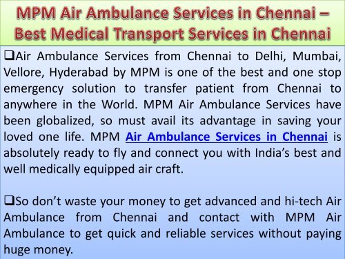 MPM Air Ambulance Services in Chennai – Best Medical Transport Services in Chennai