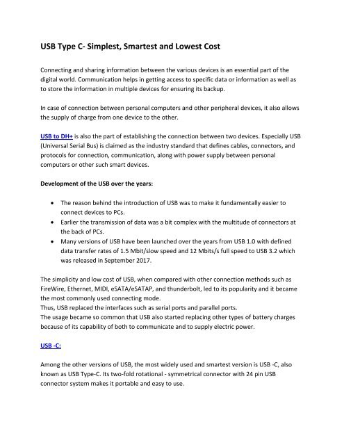 USB Type C- Simplest, Smartest and Lowest Cost