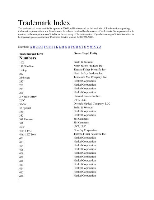 Trademark Index - VWR International