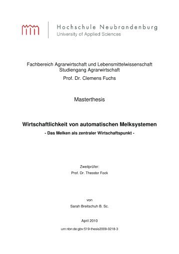 Masterthesis Wirtschaftlichkeit von automatischen Melksystemen