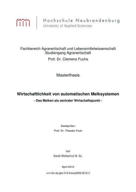 Masterthesis Wirtschaftlichkeit von automatischen Melksystemen